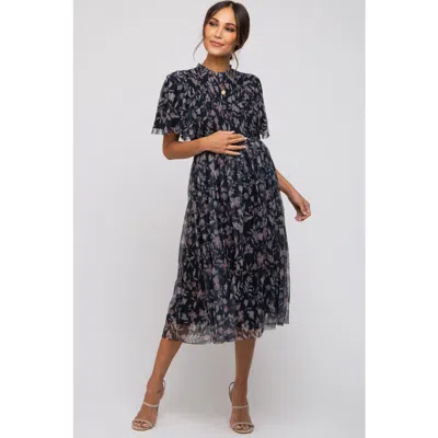 Pinkblush Floral Smocked Mesh Knit Midi Dress In Black