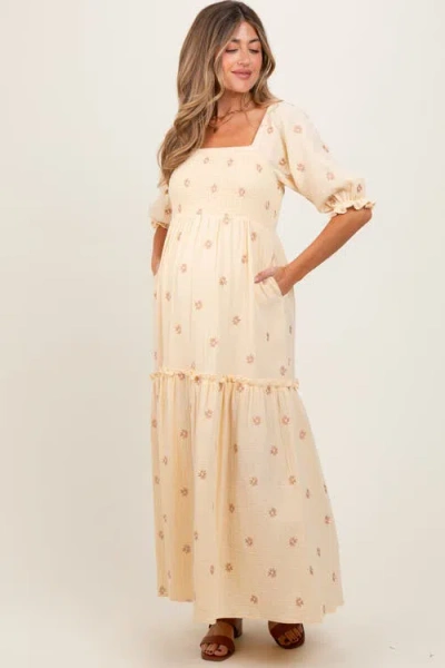 Pinkblush Floral Smocked Puff Sleeve Maxi Dress In Neutral