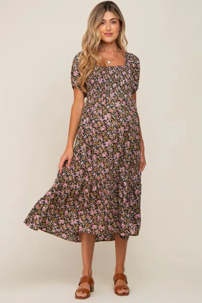 Pinkblush Floral Smocked Puff Sleeve Midi Dress