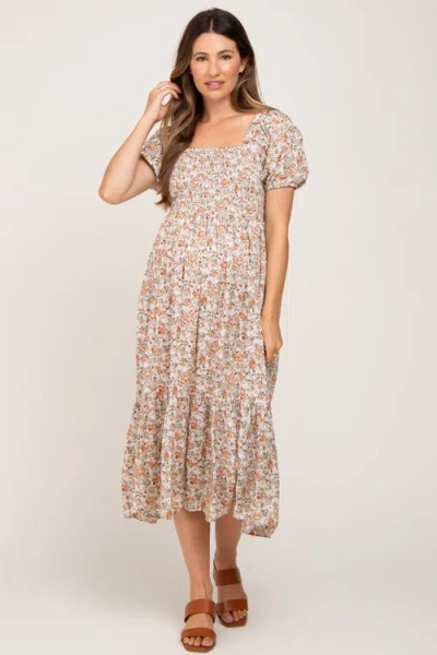 Pinkblush Floral Smocked Puff Sleeve Midi Dress In Brown