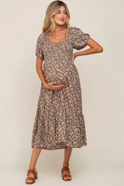 Pinkblush Floral Smocked Puff Sleeve Midi Dress In Brown