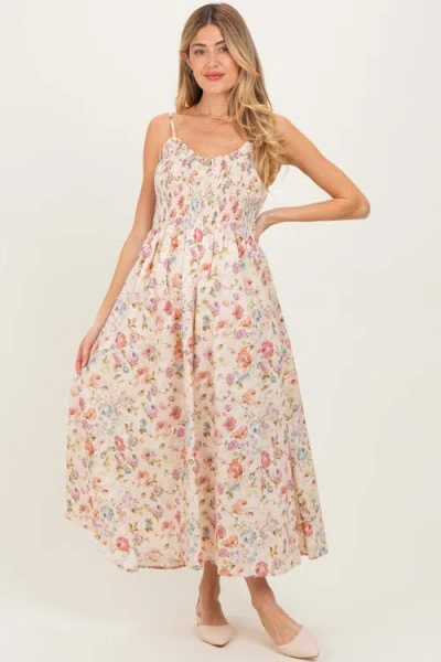 Pinkblush Floral Smocked Ruffle Detail Midi Dress In White