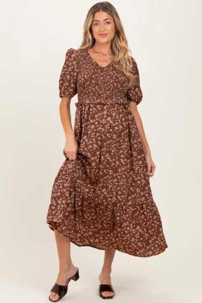 Pinkblush Floral Smocked Short Sleeve Midi Dress In Brown