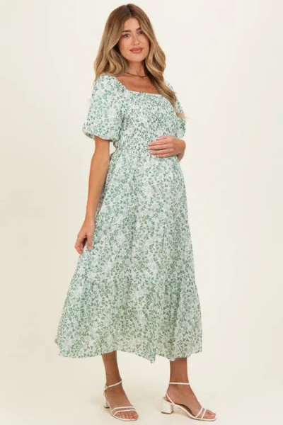 Pinkblush Floral Smocked Short Sleeve Midi Dress In Green
