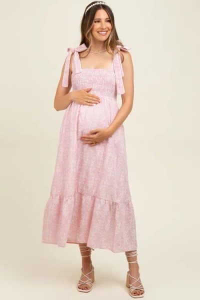 Pinkblush Floral Smocked Shoulder Tie Midi Dress