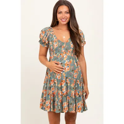 Pinkblush Floral Smocked V-neck Puff Sleeve Dress In Multi