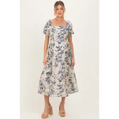 Pinkblush Floral Square Neck Puff Sleeve Midi Dress In Blue