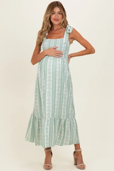 Pinkblush Floral Stripe Smocked Shoulder Tie Midi Dress In Green