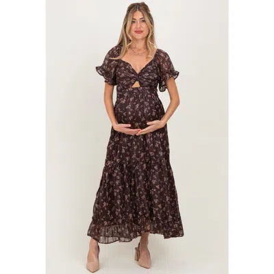 Pinkblush Floral Stripe Twist Front Cutout Maxi Dress In Brown