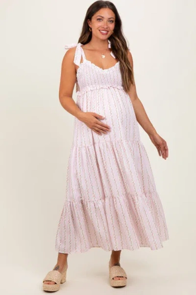 Pinkblush Floral Striped Smocked Shoulder Tie Maxi Dress