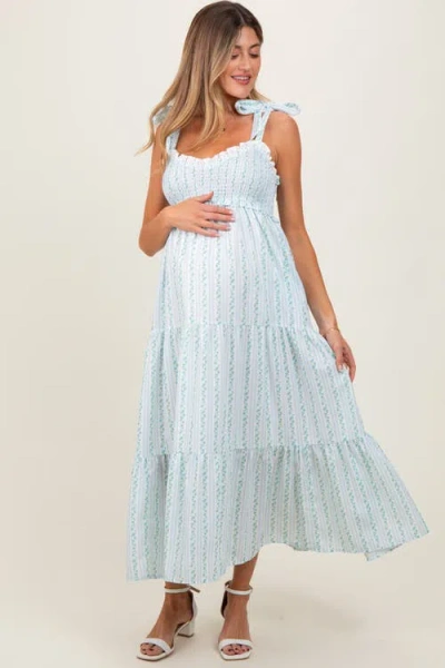 Pinkblush Floral Striped Smocked Shoulder Tie Maxi Dress In Blue
