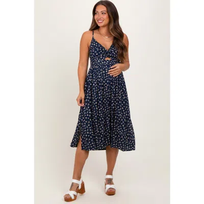 Pinkblush Floral Twist Front Cut Out Midi Dress In Blue