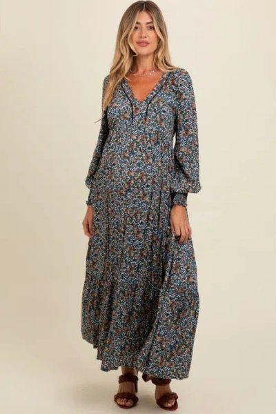 Pinkblush Floral V-neck Bubble Sleeve Maxi Dress In Gray