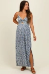 Pinkblush Floral V-neck Twist Front Keyhole Maxi Dress In Blue
