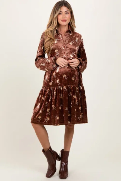 Pinkblush Floral Velvet Button Down Midi Dress In Brown