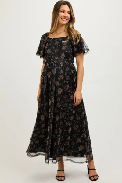 Pinkblush Floral Waist Tie Midi Dress In Black
