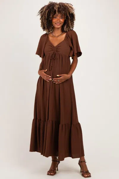 Pinkblush Flutter Sleeve Ruffle Hem Maxi Dress In Brown