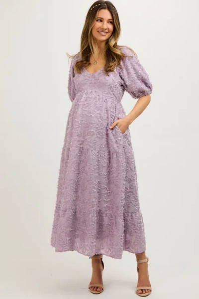 Pinkblush Fringe Textured Short Puff Sleeve Midi Dress In Purple