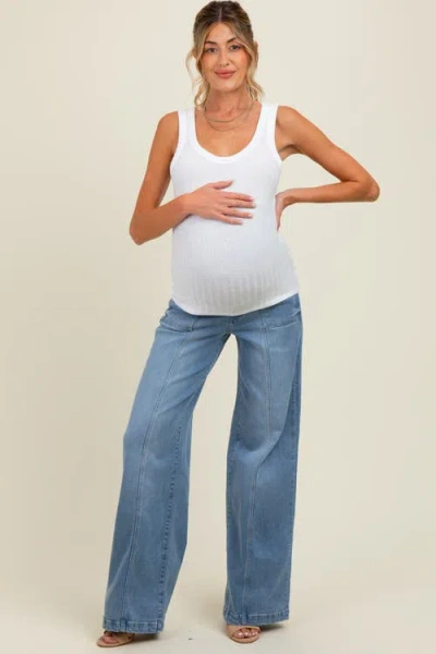 Pinkblush Front Seam Super Wide Leg Maternity Jeans In Blue