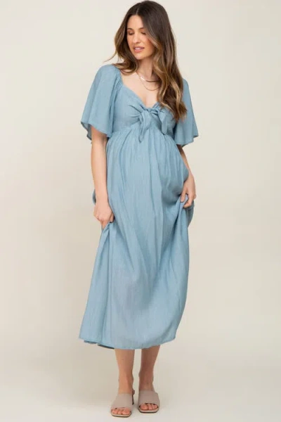 Pinkblush Front Tie Ruffle Sleeve Midi Dress In Blue