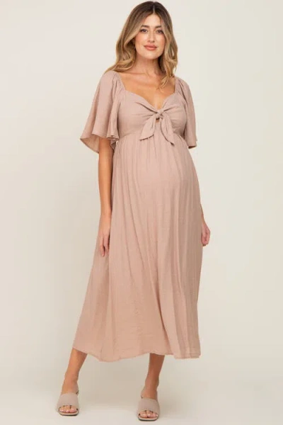 Pinkblush Front Tie Ruffle Sleeve Midi Dress In Brown