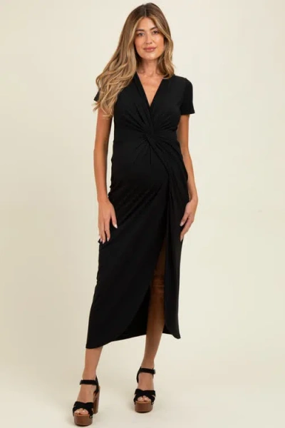 Pinkblush Gathered Front Short Sleeve Maxi Dress In Black