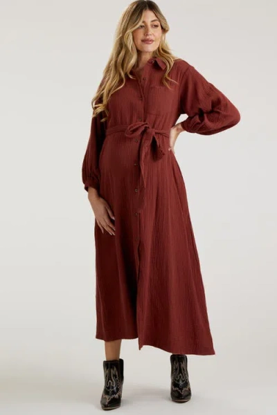 Pinkblush Gauze Belted Shirt Midi Dress In Burgundy