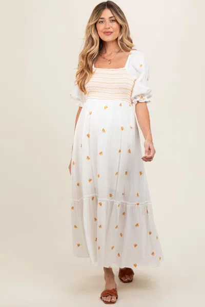 Pinkblush Gauze Smocked Embroidered Square Neck Midi Dress In Ivory