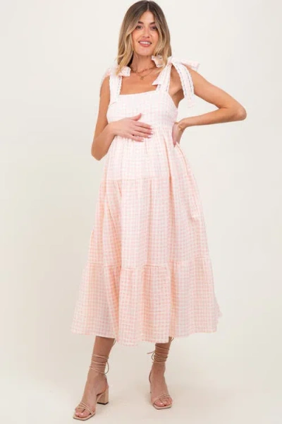Pinkblush Gingham Lace Trim Shoulder Tie Maxi Dress