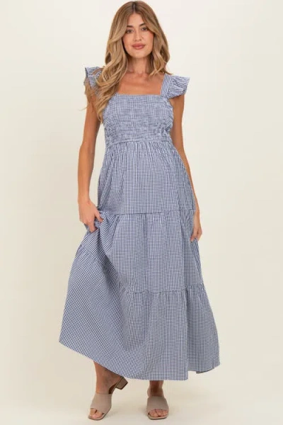 Pinkblush Gingham Ruffle Strap Smocked Maxi Dress In Blue