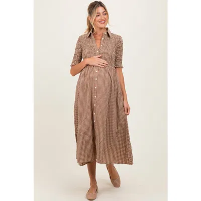 Pinkblush Gingham Smocked Button Down Midi Dress In Brown