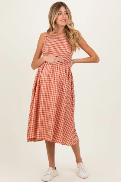 Pinkblush Gingham Smocked Sleeveless Midi Dress In Red