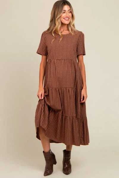 Pinkblush Gingham Tiered Midi Dress In Brown