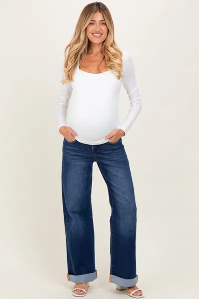 Pinkblush High Rise Wide Leg Cuffed Maternity Jeans In White