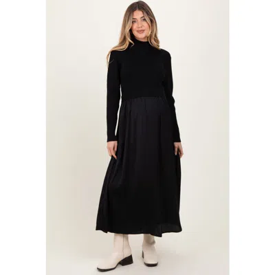 Pinkblush Knit Contrast Top Satin Midi Dress In Black