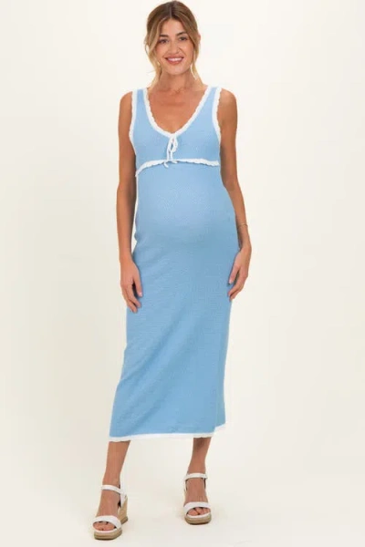 Pinkblush Knit Sleeveless Contrast Trim Maxi Dress In Blue