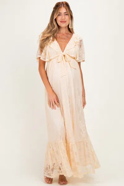 Pinkblush Lace Flutter Sleeve Tiered Maxi Dress In Beige