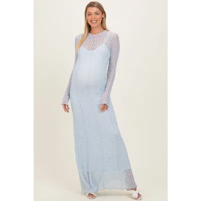 Pinkblush Lace Mock Neck Long Sleeve Maxi Dress In Blue