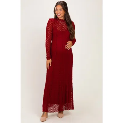 Pinkblush Lace Mock Neck Long Sleeve Maxi Dress In Red