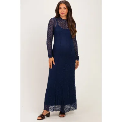 Pinkblush Lace Mock Neck Long Sleeve Maxi Dress In Blue