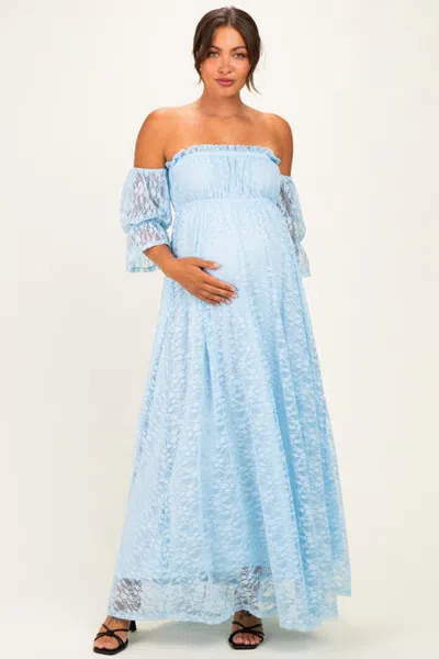 Pinkblush Lace Off Shoulder Maxi Dress In Light Blue