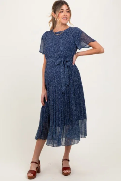 Pinkblush Leaf Print Pleated Midi Dress In Blue