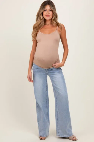 Pinkblush Lightly Distressed Wide Leg Maternity Jeans In Blue