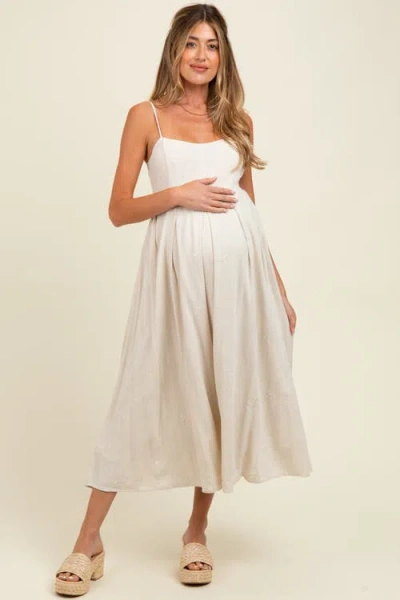 Pinkblush Linen Ribbon Pattern Embroidered Midi Dress In White