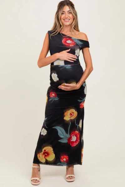 Pinkblush Mesh Floral One Shoulder Maxi Dress In Black