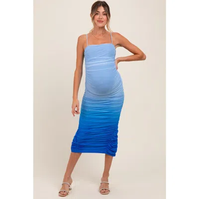 Pinkblush Mesh Ombre Ruched Midi Dress In Blue