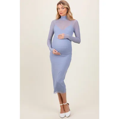 Pinkblush Mesh Overlay Fitted Midi Dress In Blue