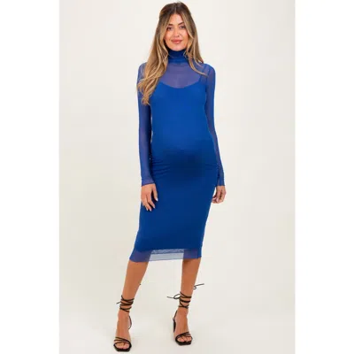 Pinkblush Mesh Overlay Fitted Midi Dress In Blue