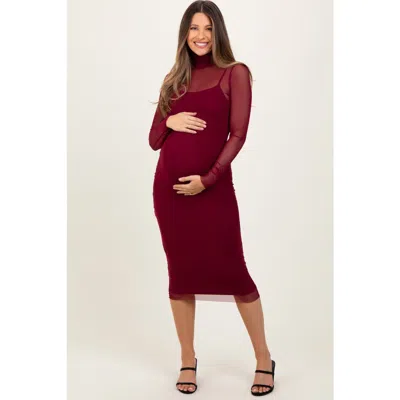 Pinkblush Mesh Overlay Fitted Midi Dress In Red