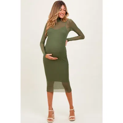 Pinkblush Mesh Overlay Fitted Midi Dress In Green